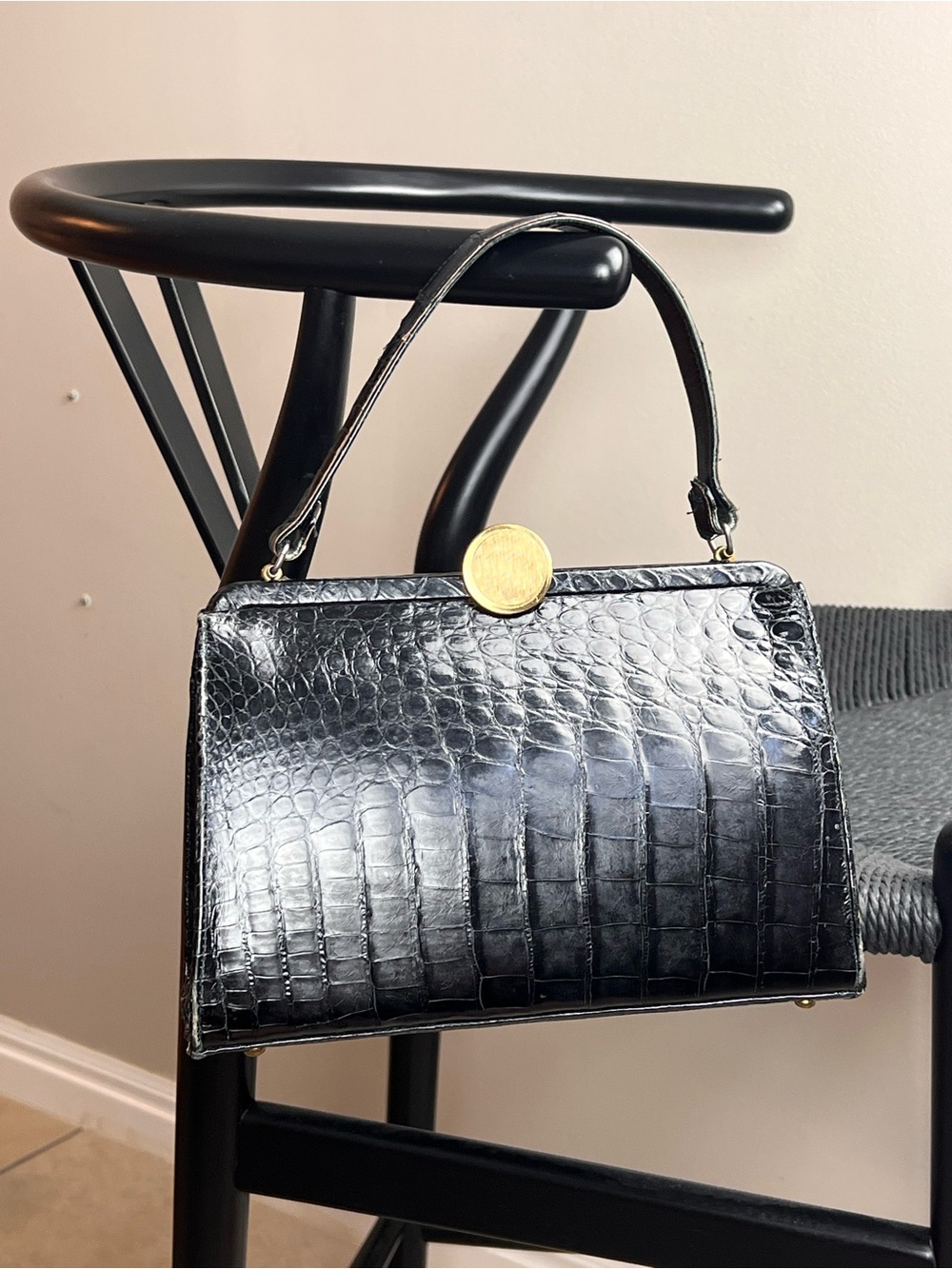 Vintage 1960s Black alligator purse Top-Handle Bag with Gold Accent